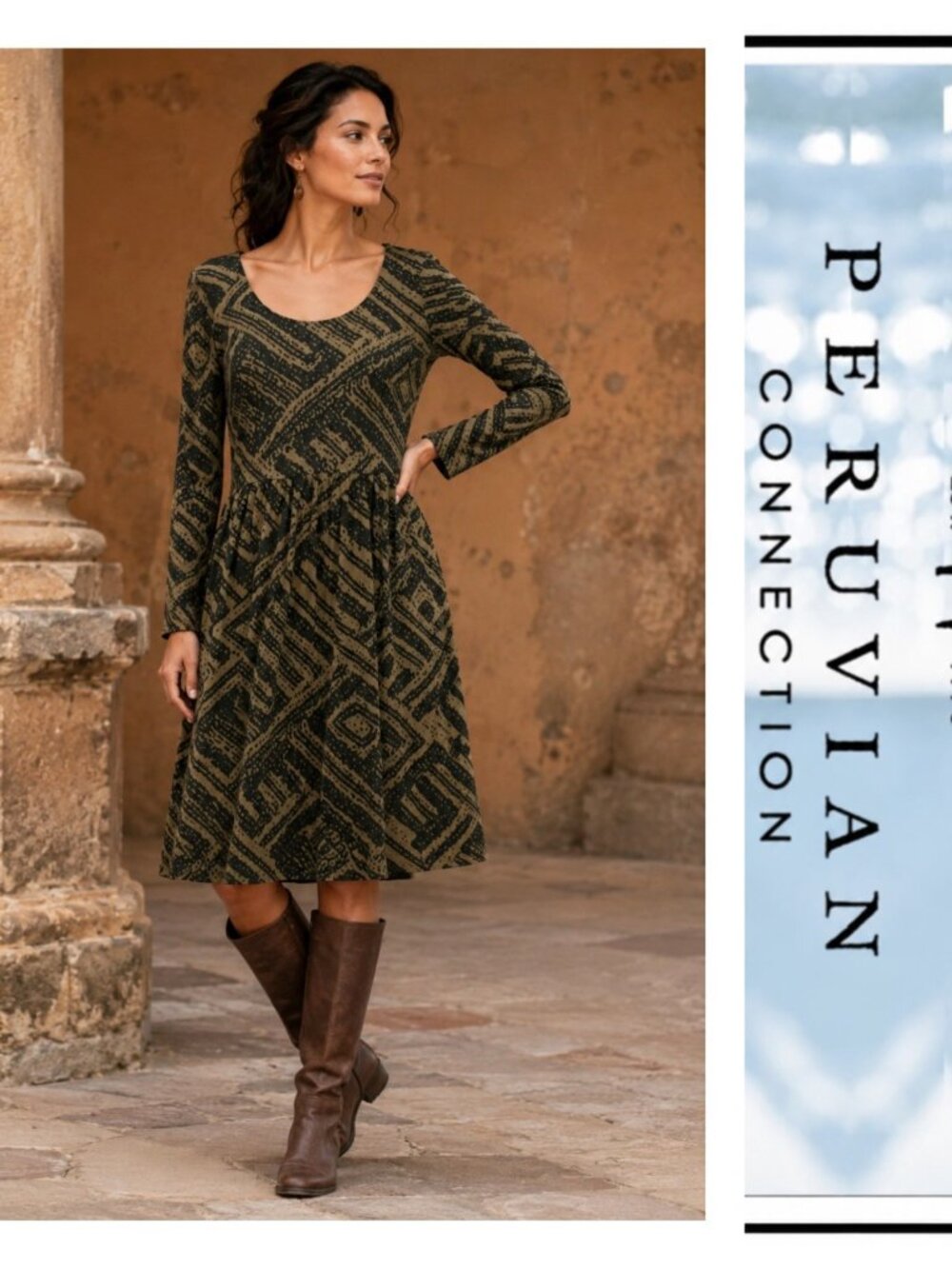 Peruvian Connection Brown Black Abstract Long Sleeve 100% Pima Cotton Dress XS